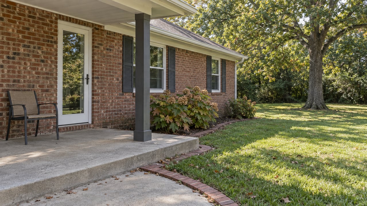 A brick home's covered back porch with a charcoal chair, concrete steps and a broad lawn beneath a mature white oak.