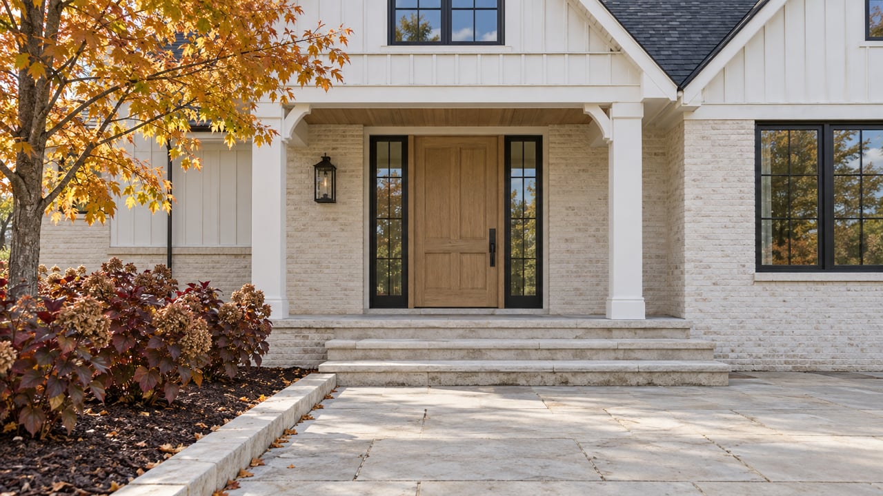 White gabled home entry with an oak door, limestone steps, black-framed windows, and amber autumn foliage.