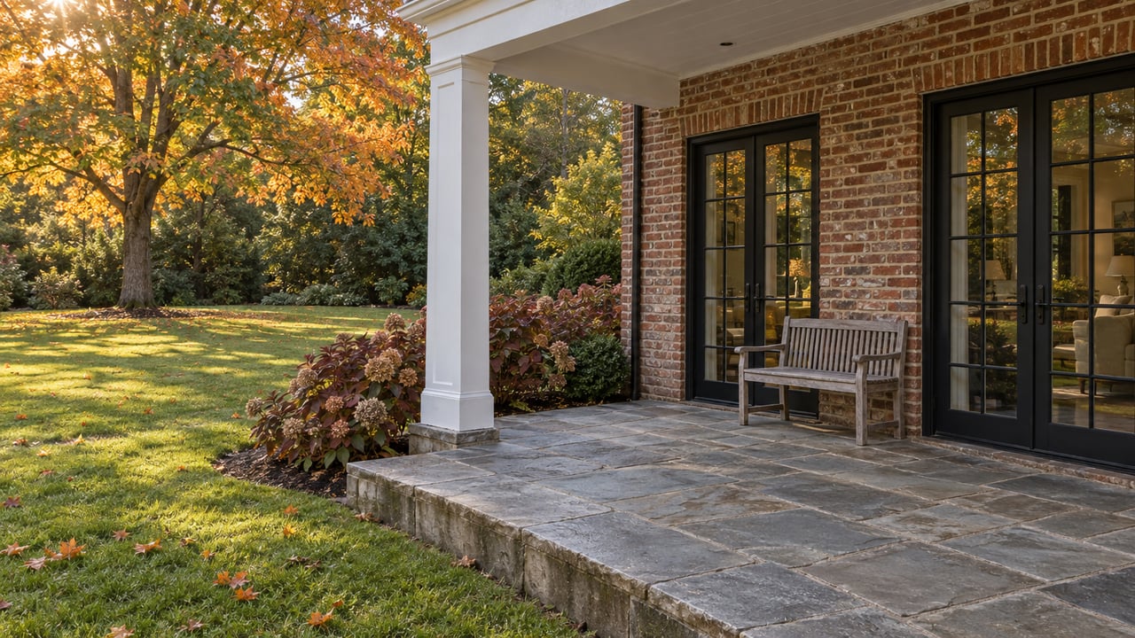 Brick home's covered flagstone terrace with black French doors, a weathered teak bench and a deep lawn beneath an autumn maple.