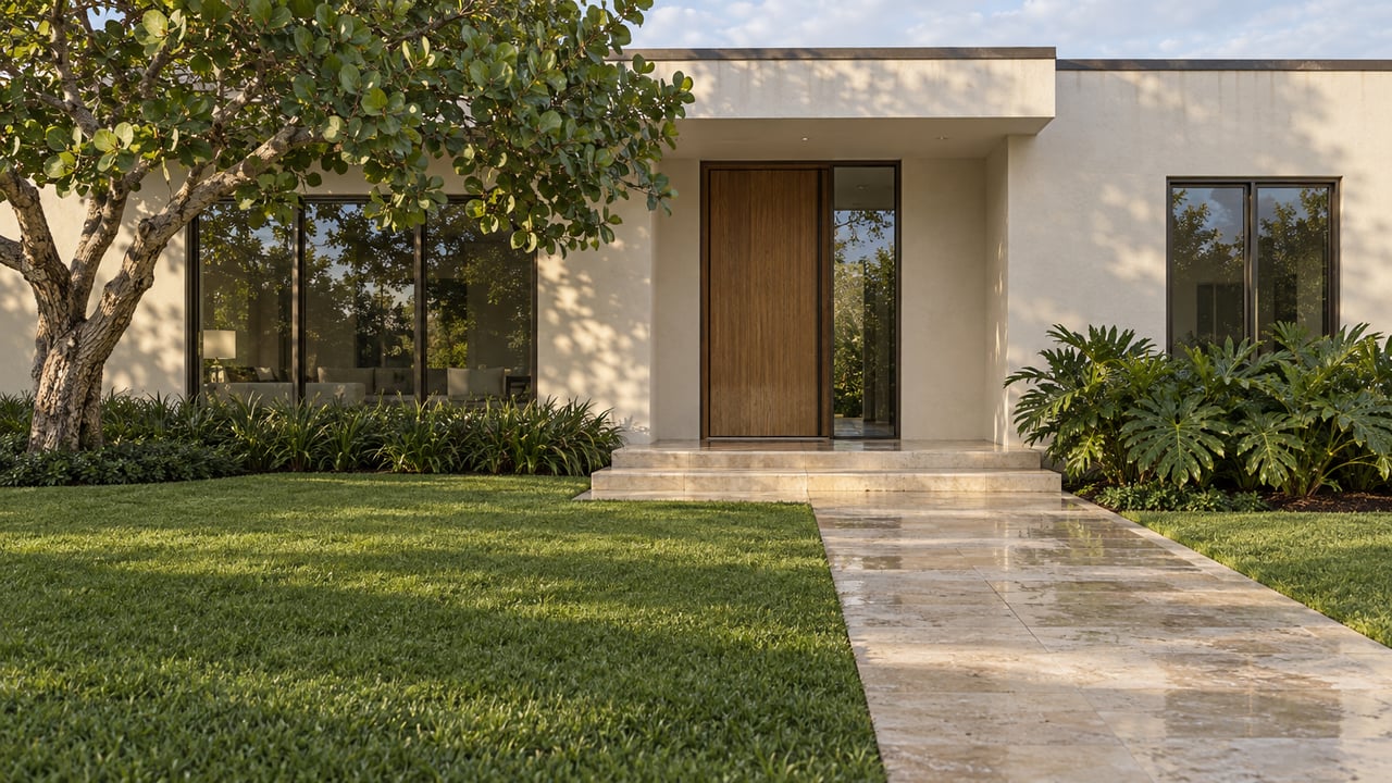 White stucco estate entrance with bronze-framed windows, an oak door, limestone approach and a sculptural sea grape tree.