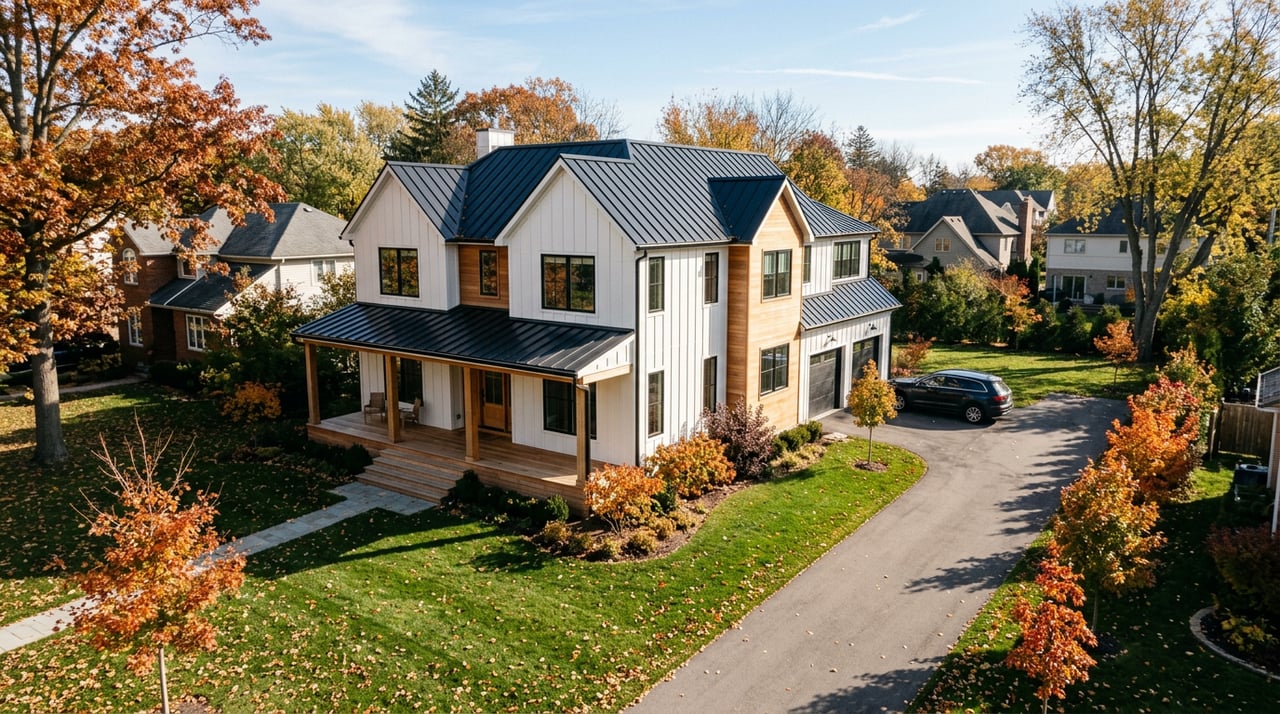 Two-story contemporary farmhouse with a wide porch, dormers, and a deep lawn beneath turning autumn leaves.