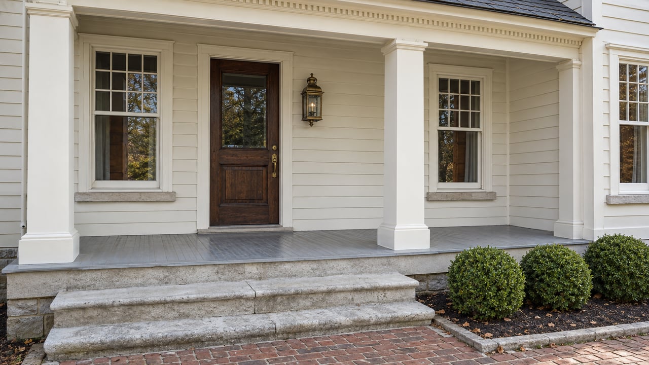 Cream clapboard house with a deep columned porch, dark oak door, paired sash windows, limestone steps and a brick approach beside clipped boxwood.