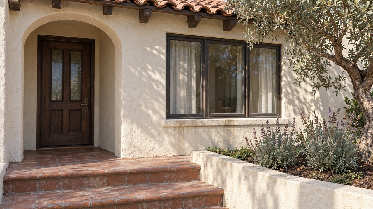 Sunlit stucco home entry with a recessed oak door, clay-tile eaves, terracotta steps and an olive tree in a raised planting bed.