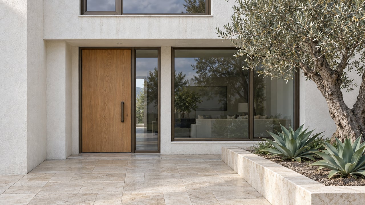 White stucco condominium entrance with a warm oak door, bronze-framed windows, limestone paving, and a sculptural olive tree.
