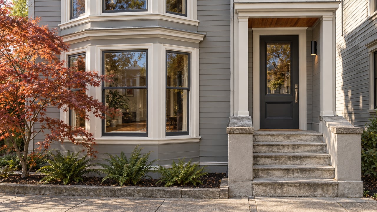 Restored timber house with ivory-trimmed projecting windows, a recessed charcoal door, limestone steps, and a copper-leaved Japanese maple.