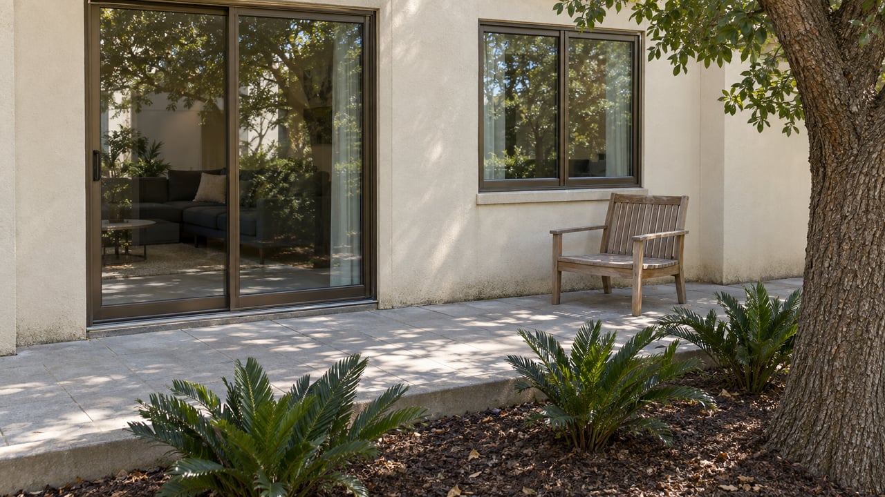 Cream-stucco condominium entrance with bronze-framed glazing, a weathered teak chair, and a concrete-paver patio beside live oak and coontie planting.