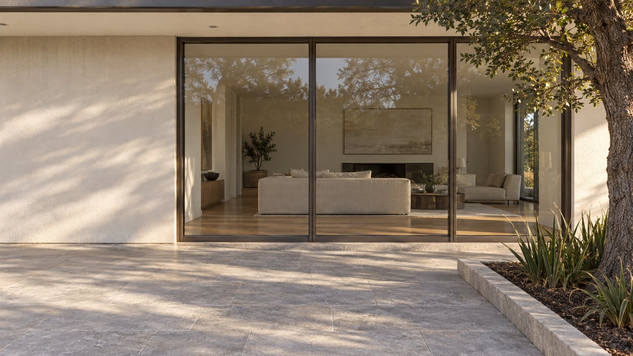 A limestone terrace meets a glazed living room beneath a low stucco roof, with a mature oak and native irises in a raised-edge planting bed.
