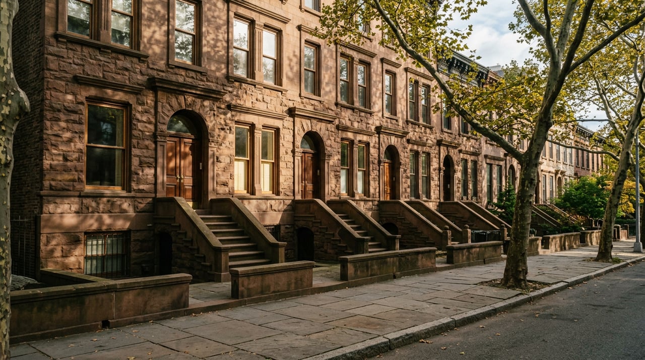 Four russet-stone rowhouses with arched entries and stoops beneath plane trees casting dappled shadows.