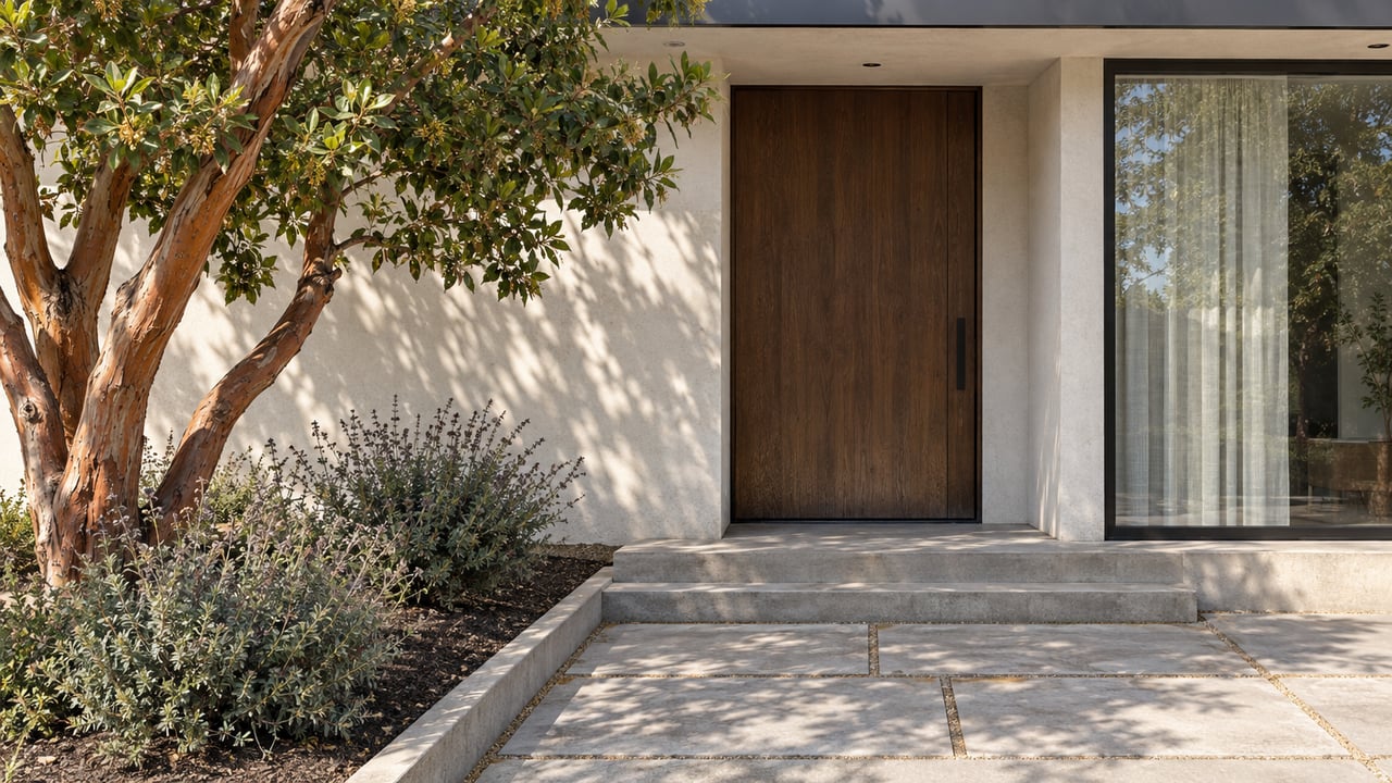 Warm-white contemporary home entrance with a dark wood door, tall window, concrete steps and a strawberry tree beside an edged planting bed.