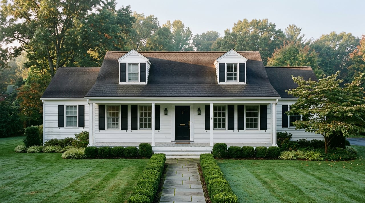 Symmetrical white clapboard house with black shutters, centered entry, clipped hedges, and a bluestone walkway across the lawn.