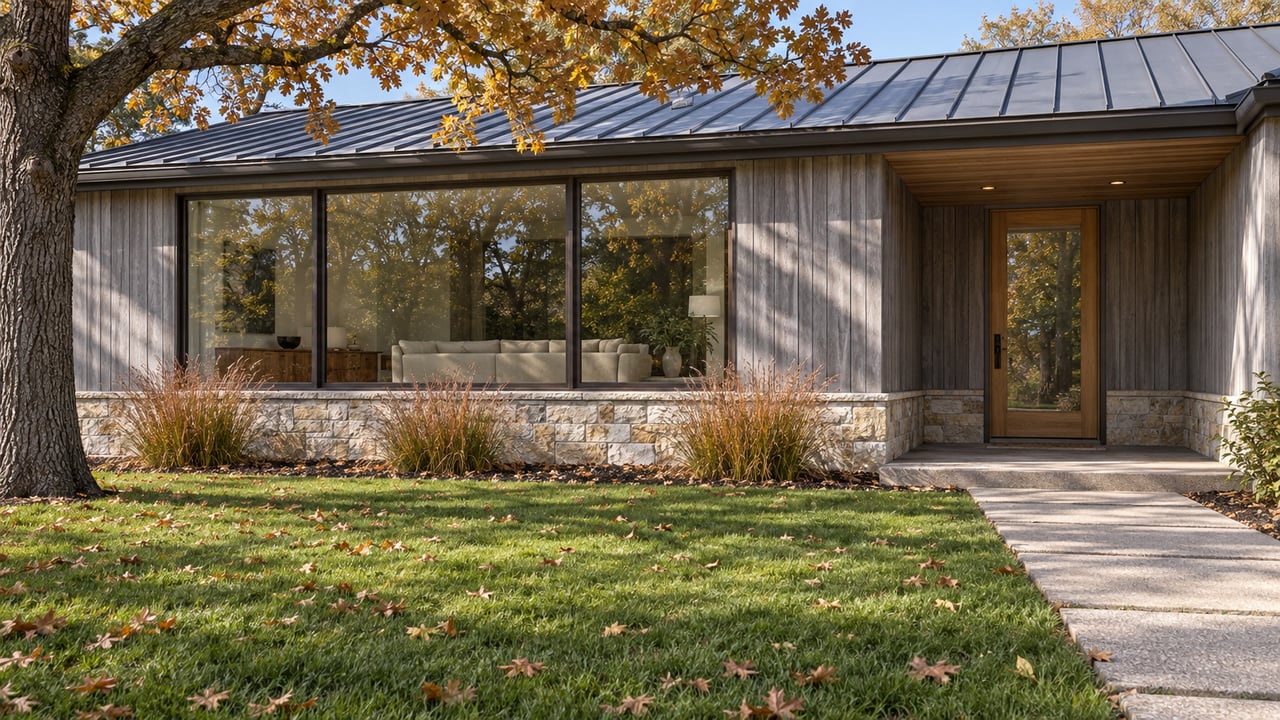 Silver-gray cedar home with broad bronze-framed windows, a limestone foundation and an autumn lawn beneath a mature white oak.
