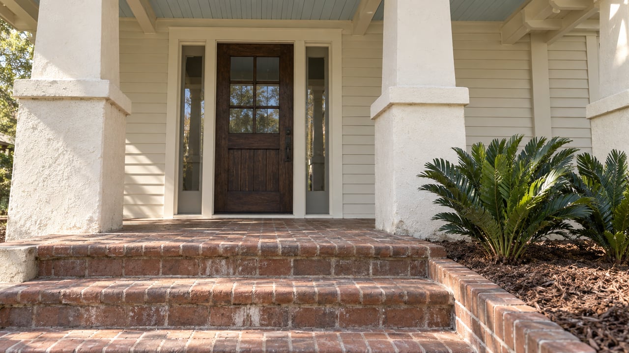 Historic home's cream porch entry with a glazed wood door, paired stucco piers, worn brick steps, and two coontie plants.