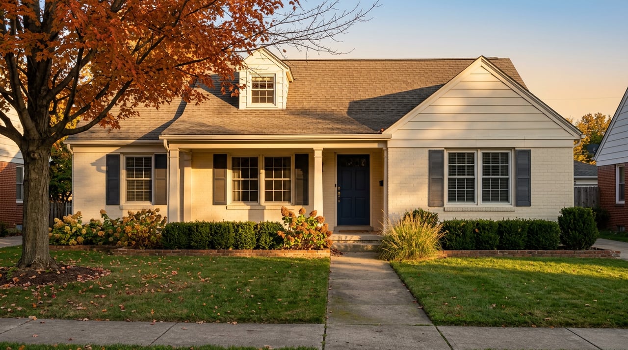 Cream-brick bungalow with a navy door, orange-red maple, and straight walkway across the front lawn.