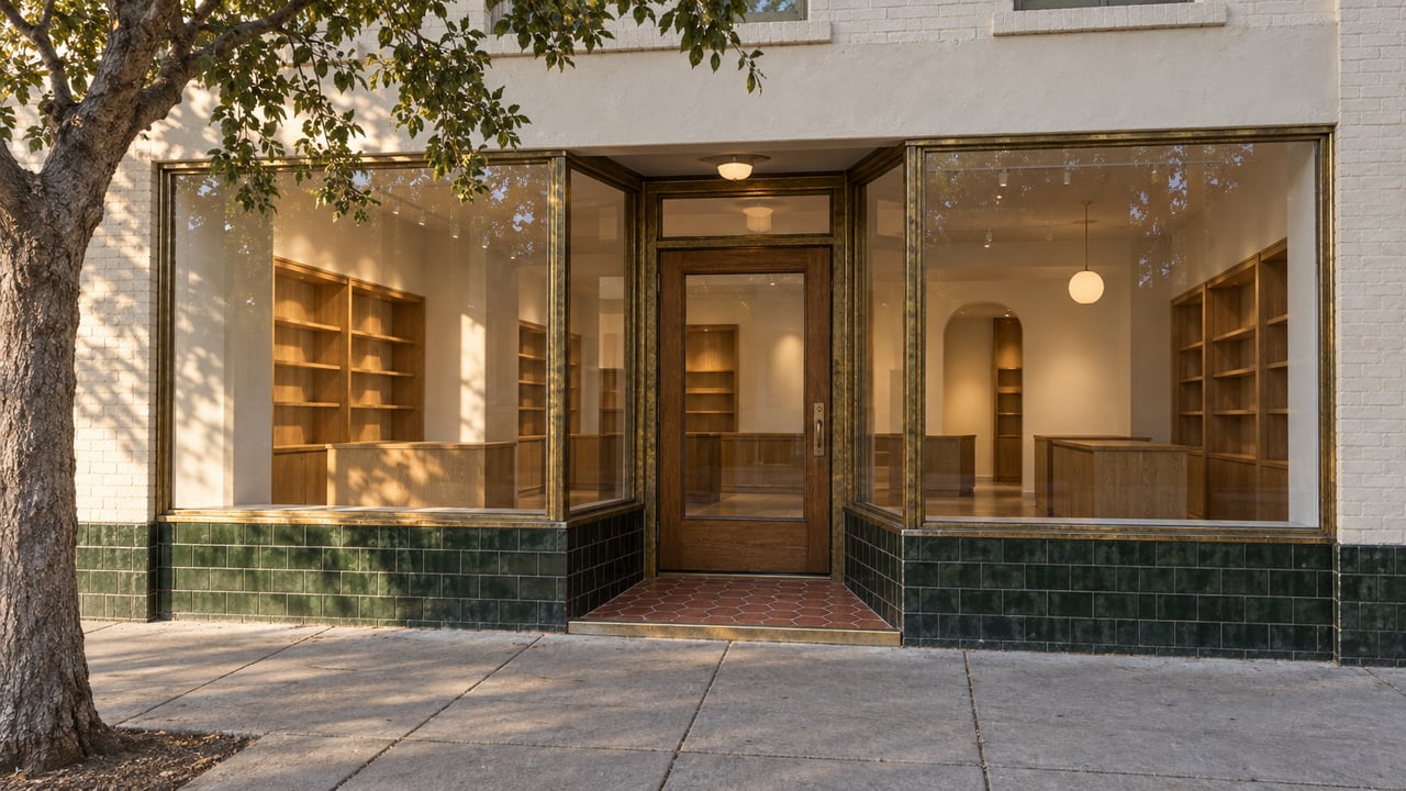 Cream brick storefront with green tile, brass-framed display windows, and a tiled recessed entry beneath an oak canopy.