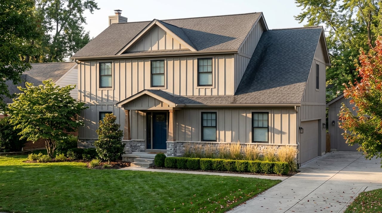 Two-story greige home with a navy door, stone base, clipped hedges, and a leafy tree beside the lawn.