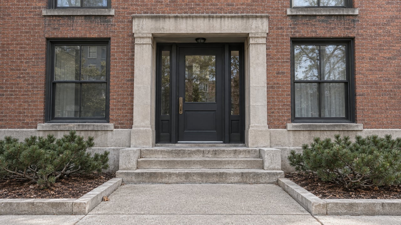 Historic brick condominium entrance with limestone steps, dark framed windows, and two raised planting beds.