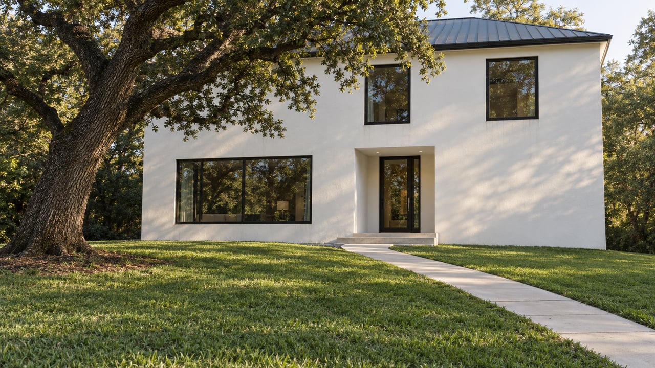 Two-story white stucco house with a recessed black-framed entry, diagonal concrete walk, and mature oak tree.