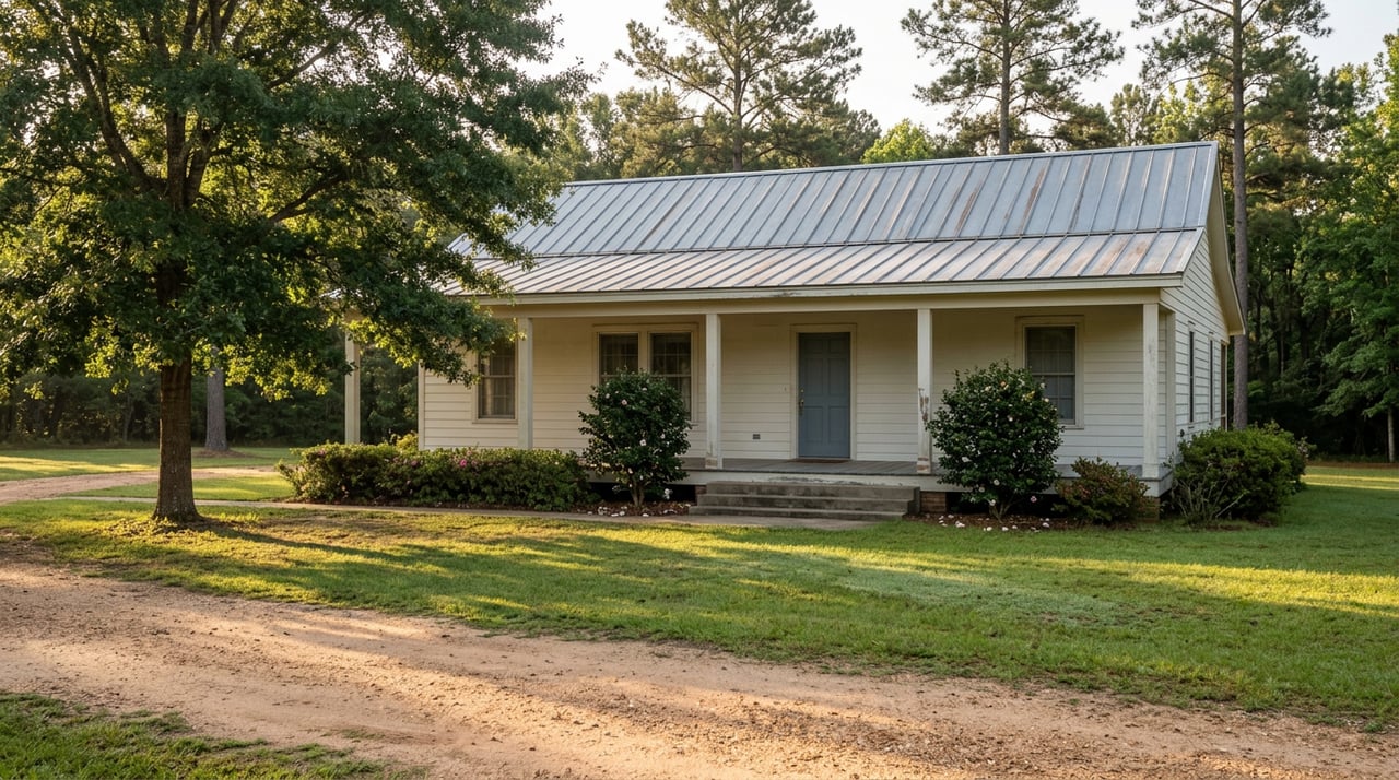 Off-white cottage with a covered porch, gray metal roof, curving dirt drive, and mature trees.