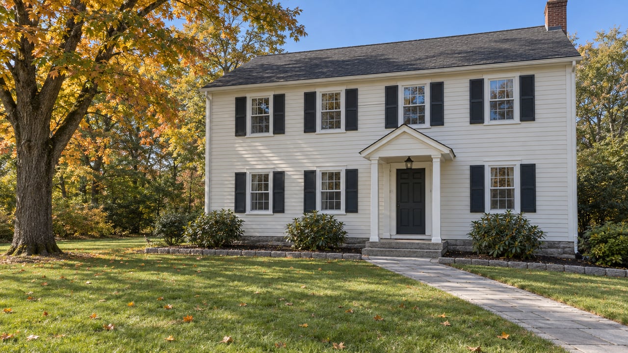 Light clapboard home with dark shutters, a granite-edged front walk and an orange-gold maple above a broad lawn.