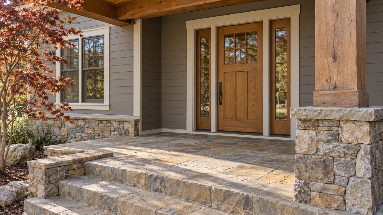 Sunlit timber-and-stone covered entry with an oak door, paired sidelights, sandstone steps, and copper-red maple leaves.