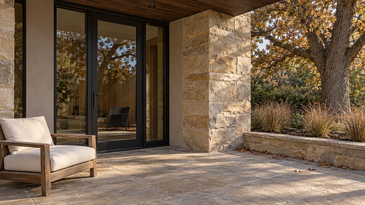 Sandstone terrace beside black steel-framed glass doors, with a teak chair and an autumn oak in a stone-edged garden.
