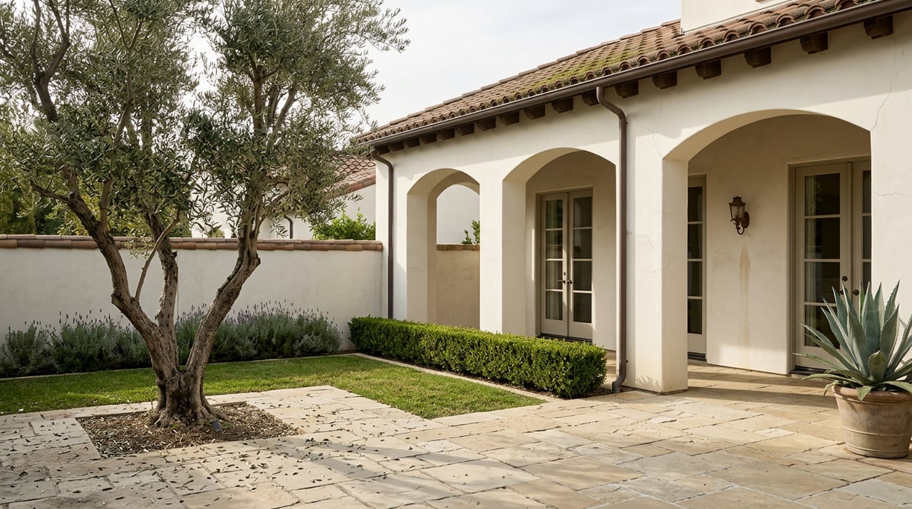 Stucco home with rounded loggia arches, clay-tile roof, and olive tree beside a flagstone terrace.