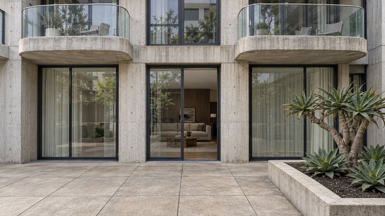 Curved concrete condominium balconies above floor-to-ceiling windows and a paved courtyard with sculptural succulent planting.