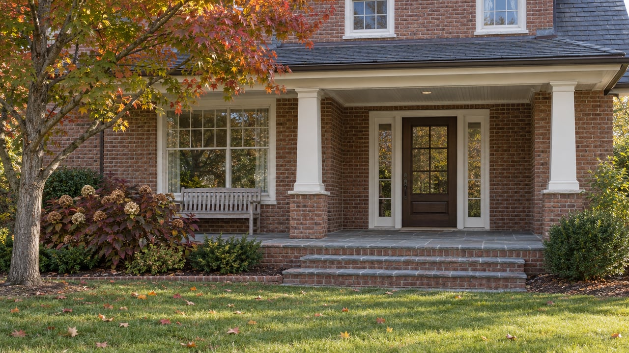 Brick home with ivory porch posts, a bluestone entry terrace and autumn maple foliage across a deep green lawn.