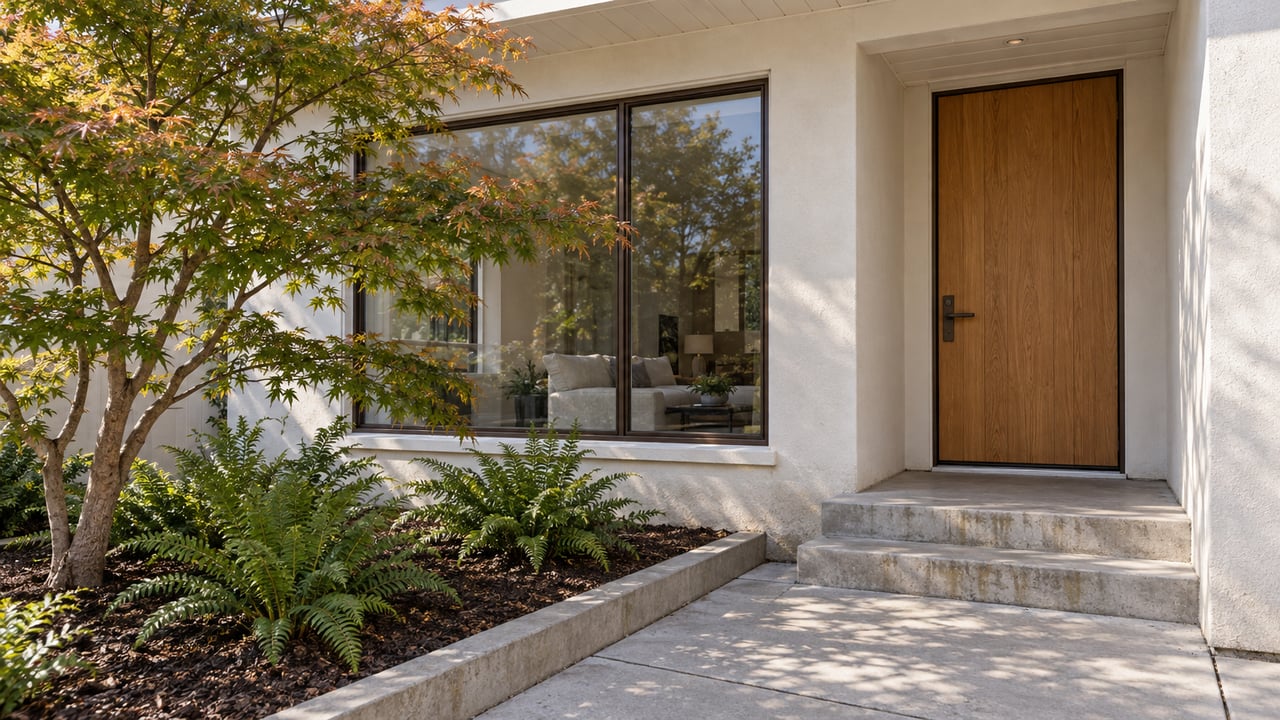 Contemporary townhouse entrance with an oak door, white stucco, broad glazing and a Japanese maple beside concrete entry steps.