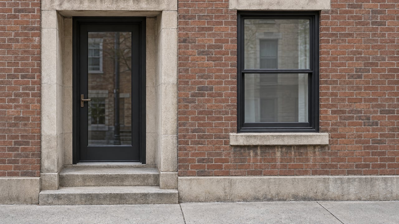 Close view of a red-brown brick residential entrance with a black glazed door, limestone surround, worn stone steps and adjacent sash window.