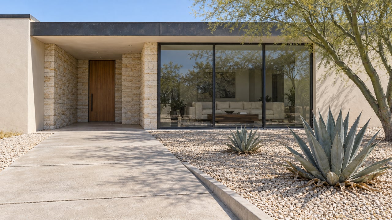 Flat-roofed home with ivory plaster, a recessed limestone entry, full-height glazing, and a gravel garden with a blue palo verde and two desert agaves.