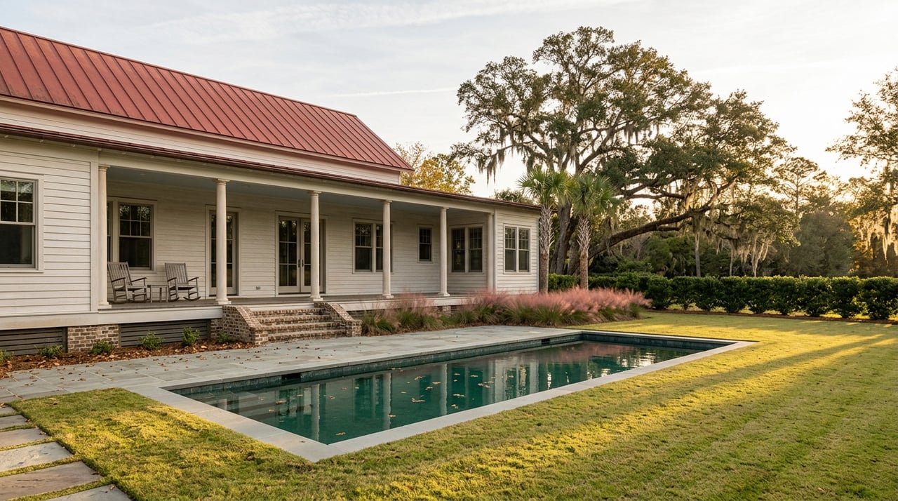 Coastal estate with a white veranda, oxide-red roof, live oak, and dark teal pool beyond a broad lawn.