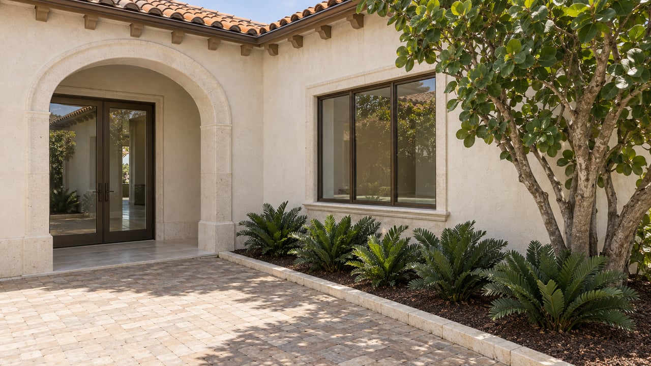 Sunlit cream-stucco estate entry with terracotta roof tiles, bronze-framed glass doors and a limestone-bordered tropical planting bed.