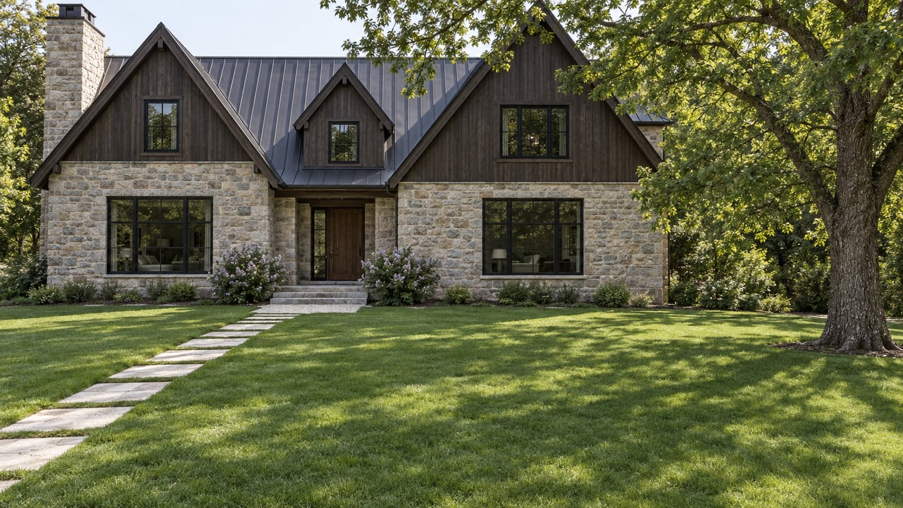 Two-story stone-and-timber estate house with three gables beyond a deep lawn and stepping-stone path.