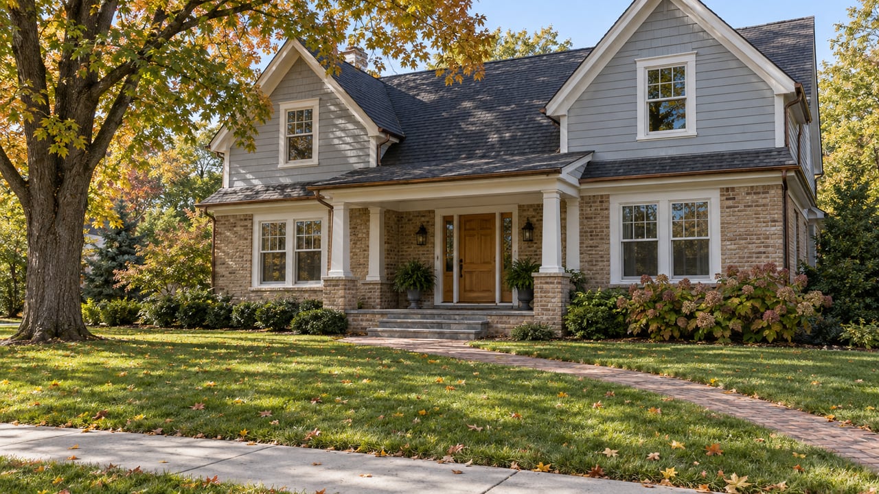 A gray-blue gabled house with white trim and a warm brick base behind a deep autumn lawn and an amber maple.
