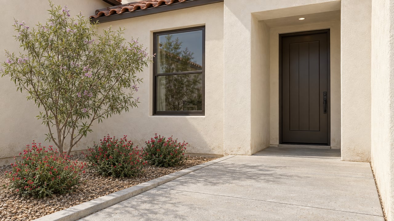 Compact stucco house with a recessed bronze door, tiled eave, concrete approach, and gravel planting bed.