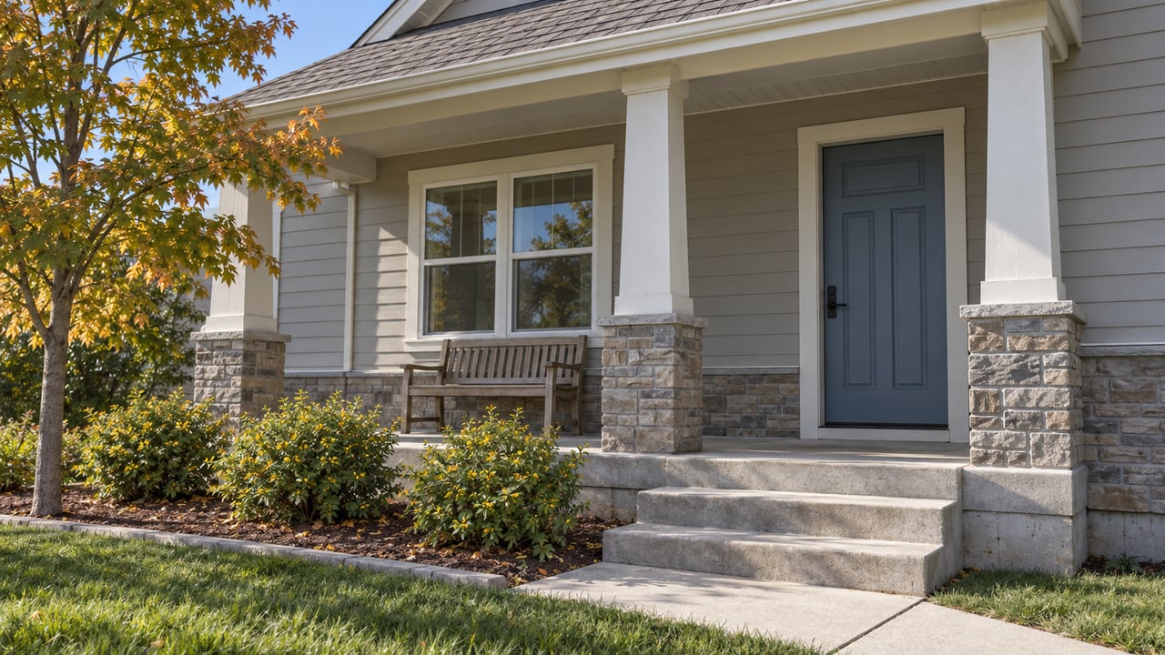 A covered porch with pale slate siding, sandstone post bases, a blue entry door and an established planting bed in clear daylight.