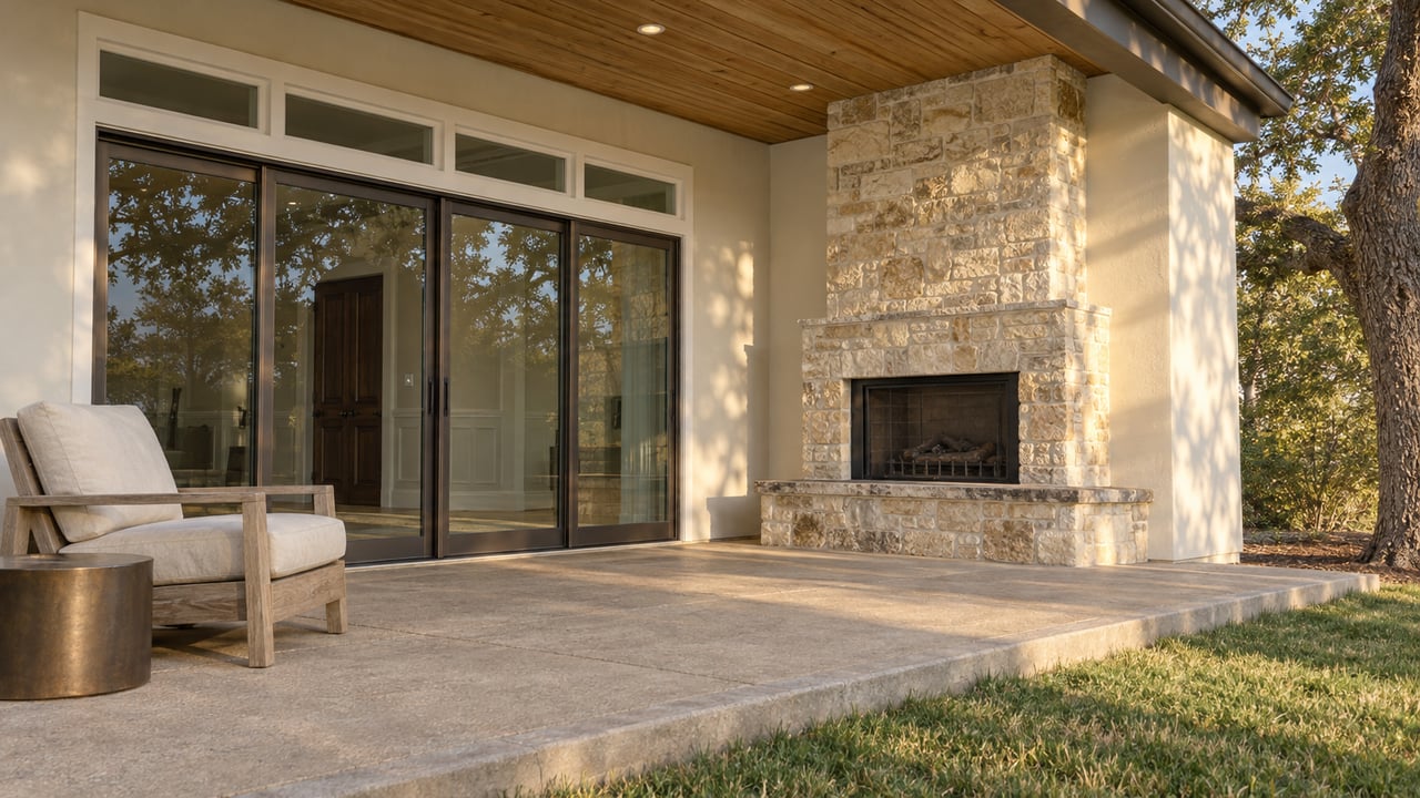 Covered patio with a wood soffit, limestone outdoor fireplace, closed sliding glass doors and a teak chair beside a lawn.