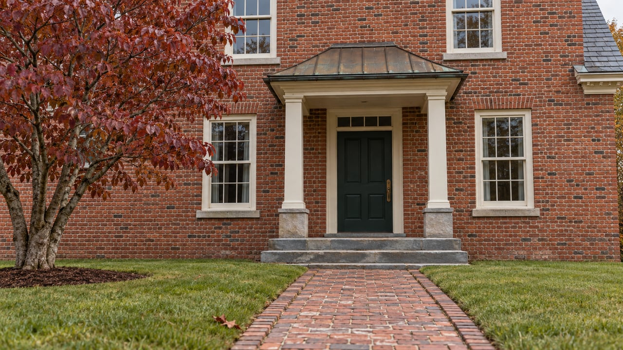 Red brick home with a columned entrance, dark green door, and autumn tree beside the walkway.
