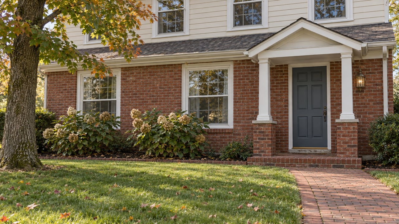 Brick and ivory clapboard home with a blue-gray front door, brick walk, oak tree and autumn hydrangeas.