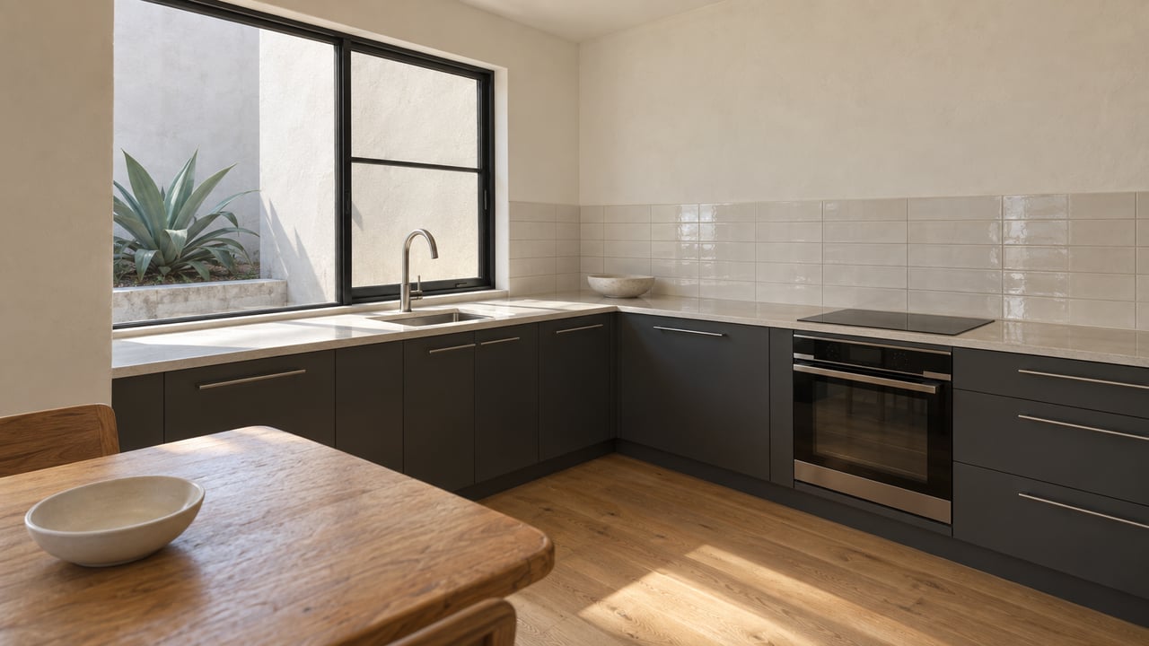 Sunlit kitchen with charcoal cabinets, pale tile, an oak dining table and a closed window overlooking a small stucco light court.