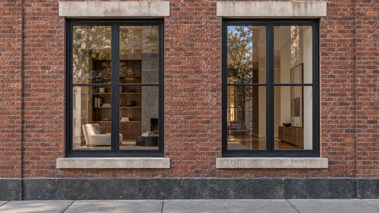 Two tall black-framed loft windows in weathered brick above limestone sills and a granite base, with a softly visible contemporary living room behind closed glass.