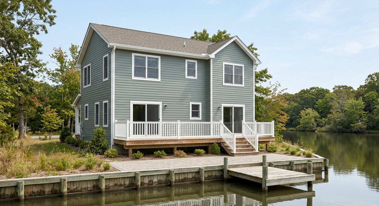 Gray-green house with a raised deck and stairs, paver patio, short dock, and narrow strip of water.