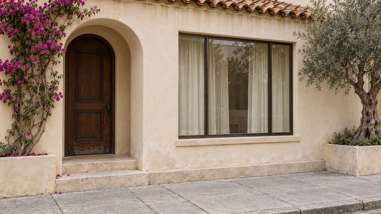 Sand-colored home with arched oak doorway, window, bougainvillea, and olive tree beside sidewalk.