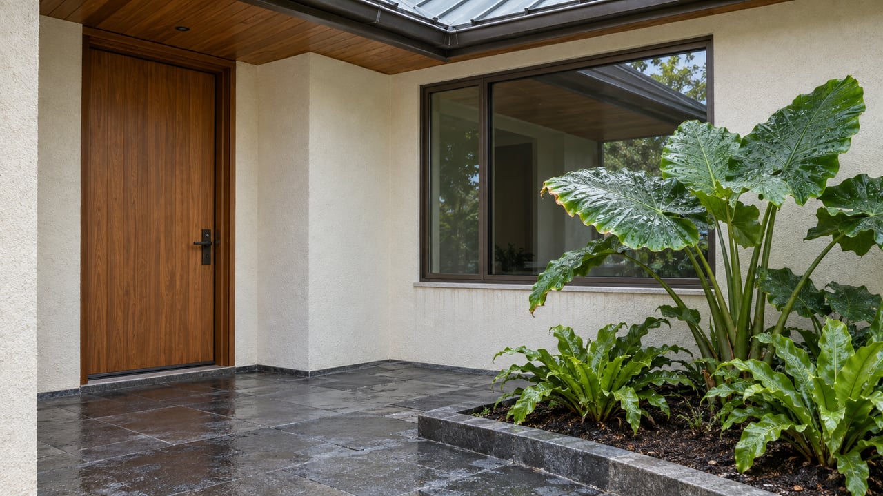 Covered home entry with a timber door, pale stucco, bronze-framed glass and damp basalt paving beside broad-leaved plants.