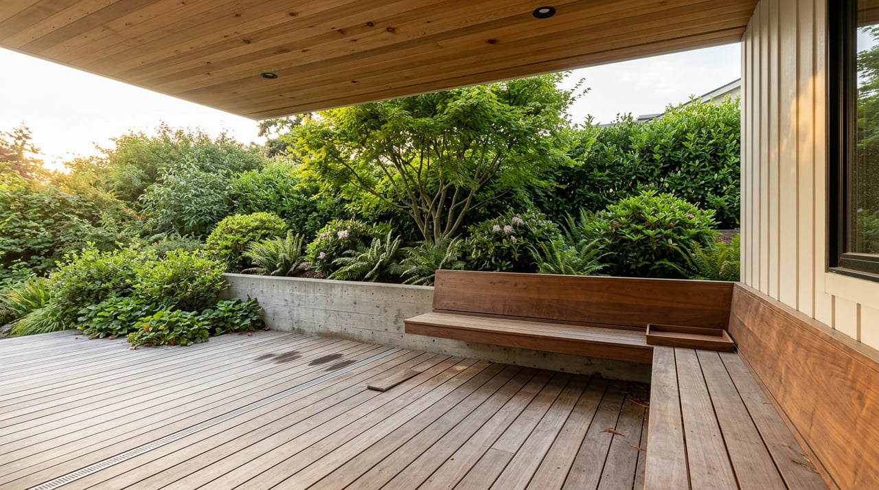 Walnut bench and concrete seat wall beside a planted terrace with a vine maple and ferns.