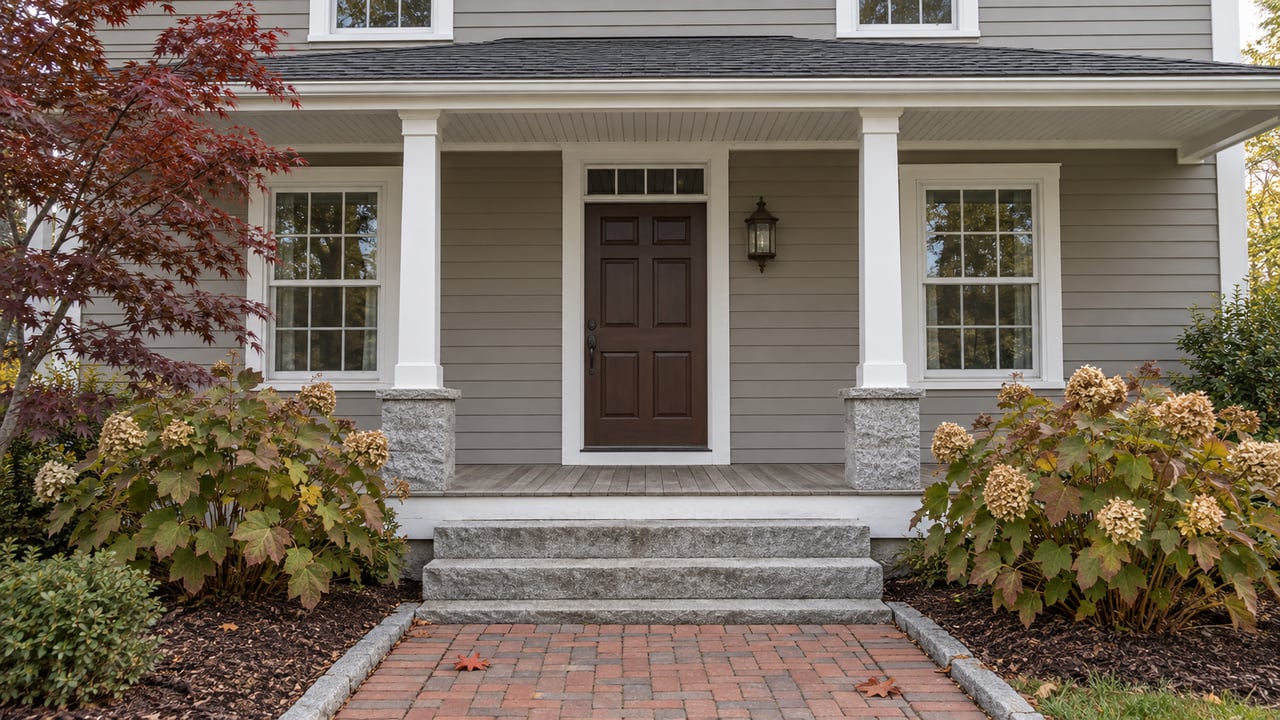 Gray clapboard home with a covered central entry, granite steps, brick walk and bronze-toned hydrangea leaves.