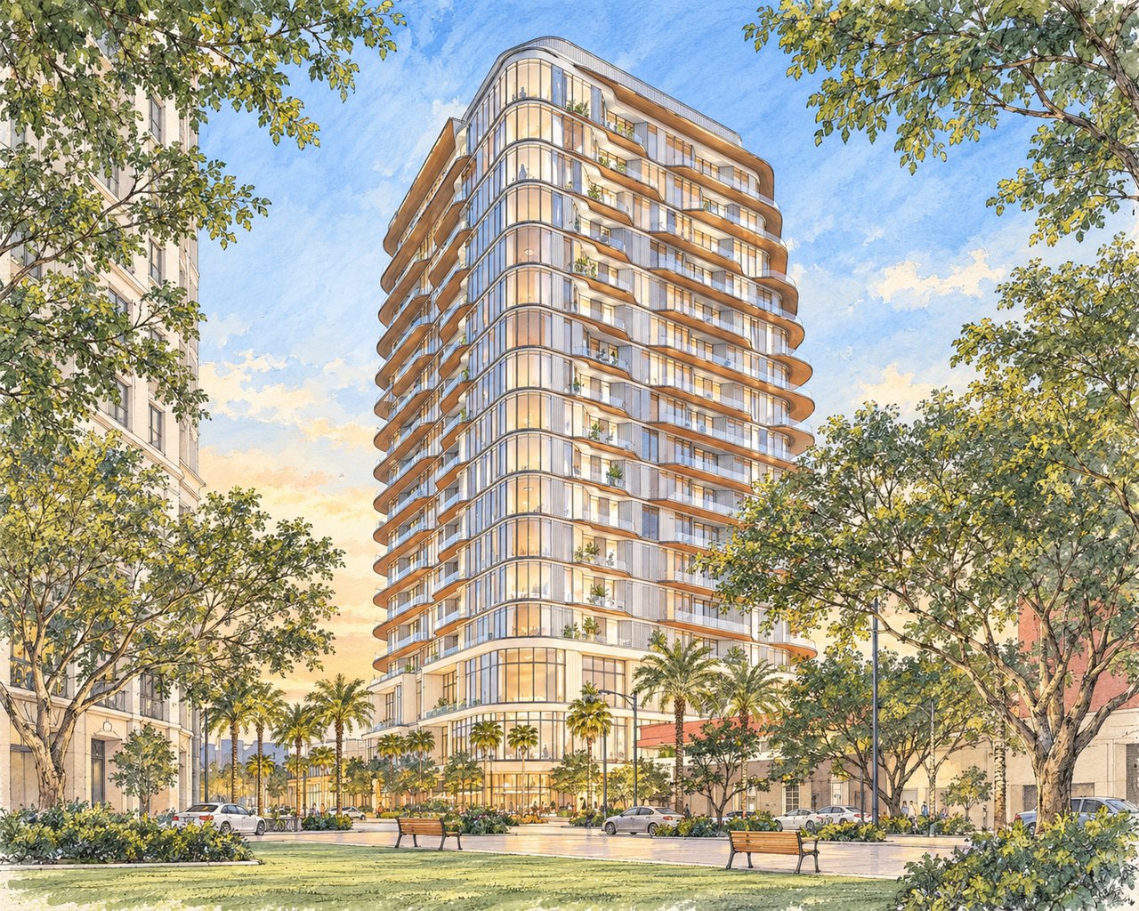 Waldorf Astoria Residences Sarasota tower with curved glass balconies, framed by trees and palms.