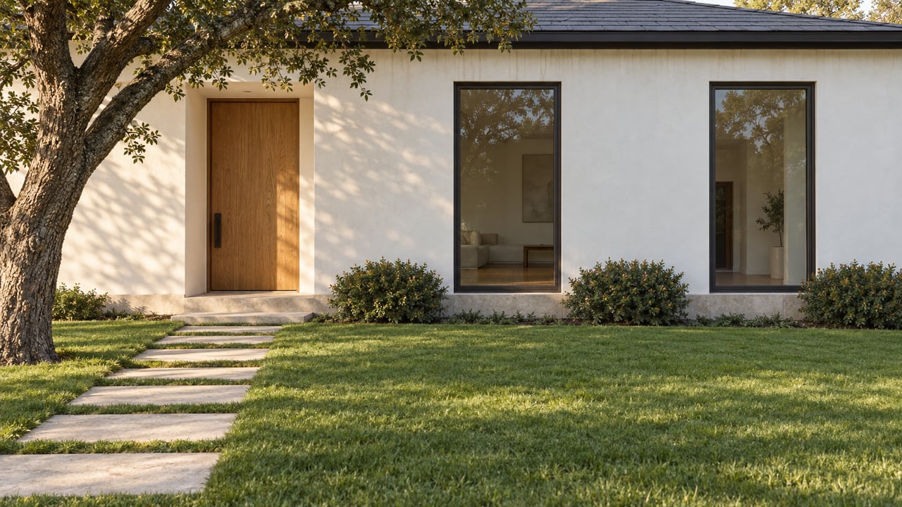 White-stucco home with an oak entry, two tall windows, deep lawn, limestone path, and mature tree.