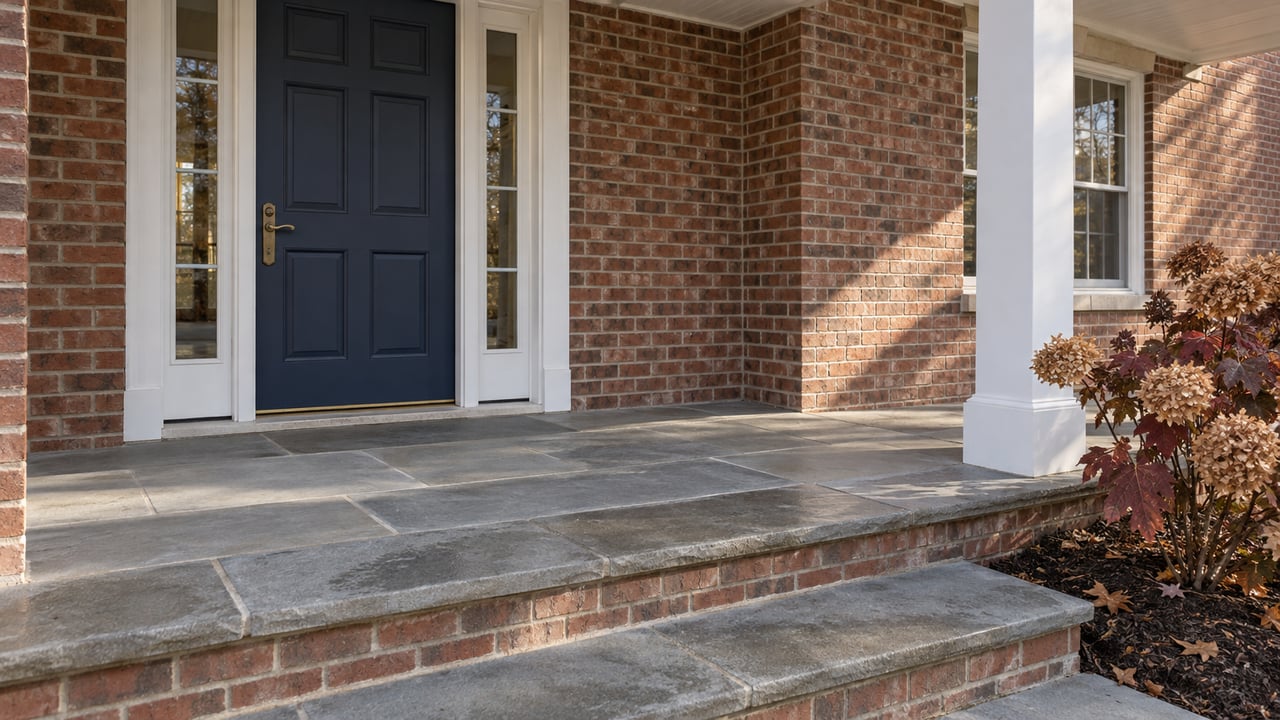 Navy front door and paired glass sidelights in a red brick facade above weathered sandstone steps, with an autumn oakleaf hydrangea beside the porch.